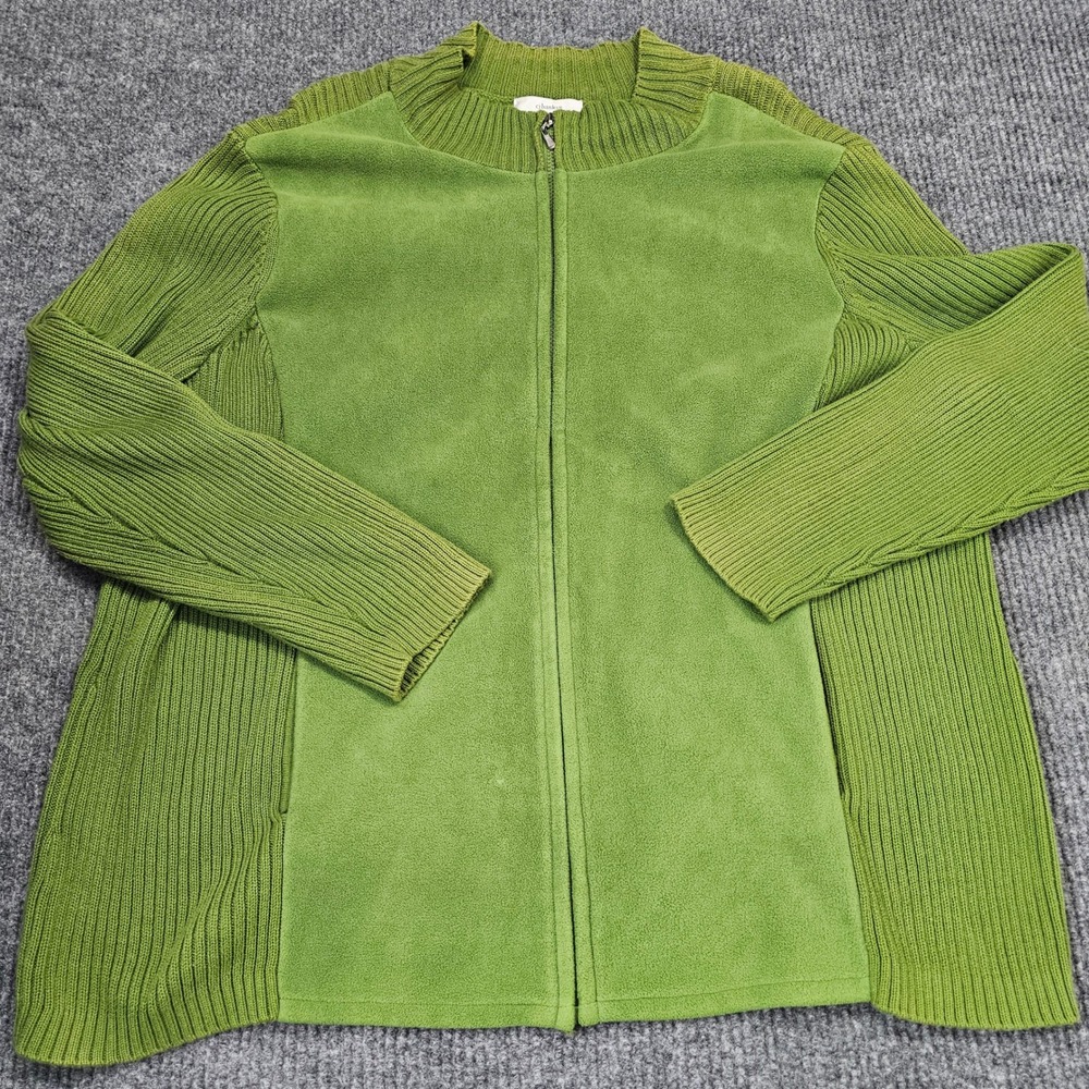 CJ Banks Cardigan Women 3X Green Full Zip Fleece Knit Mixed Media Casual